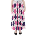 White Pink And Blue Argyle Pattern Print Chiffon Maxi Skirt