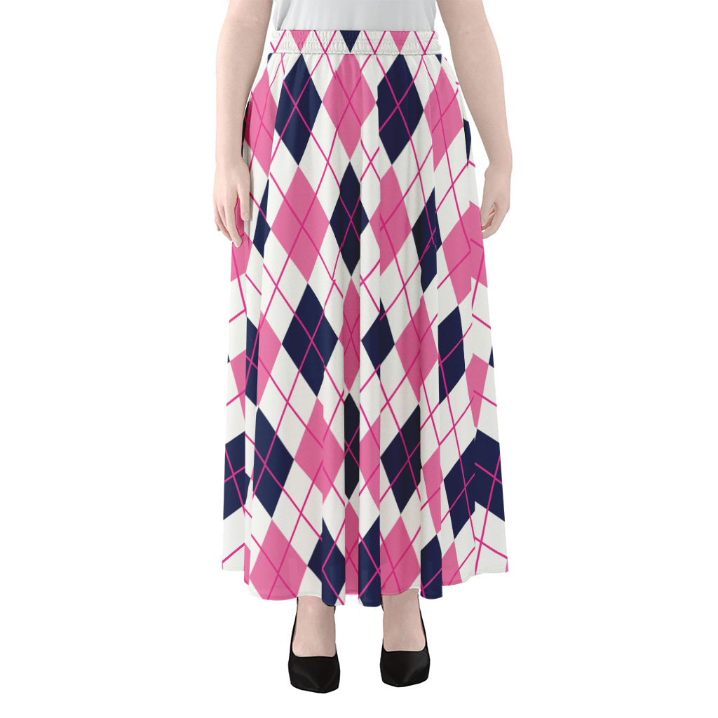 White Pink And Blue Argyle Pattern Print Chiffon Maxi Skirt