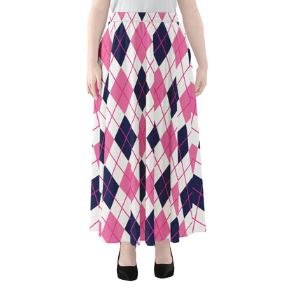 White Pink And Blue Argyle Pattern Print Chiffon Maxi Skirt