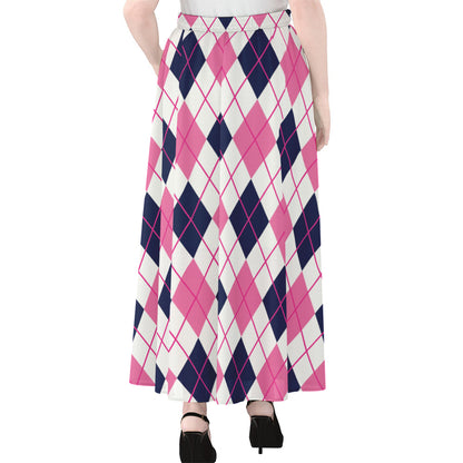 White Pink And Blue Argyle Pattern Print Chiffon Maxi Skirt