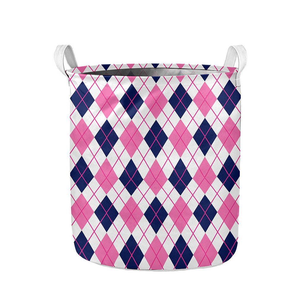 White Pink And Blue Argyle Pattern Print Collapsible Laundry Basket