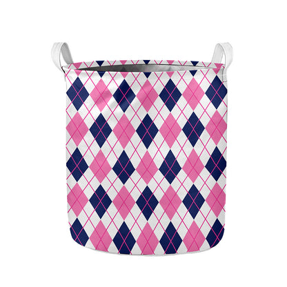 White Pink And Blue Argyle Pattern Print Collapsible Laundry Basket