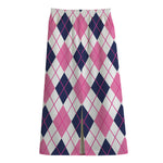 White Pink And Blue Argyle Pattern Print Cotton Front Slit Maxi Skirt
