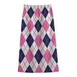 White Pink And Blue Argyle Pattern Print Cotton Front Slit Maxi Skirt