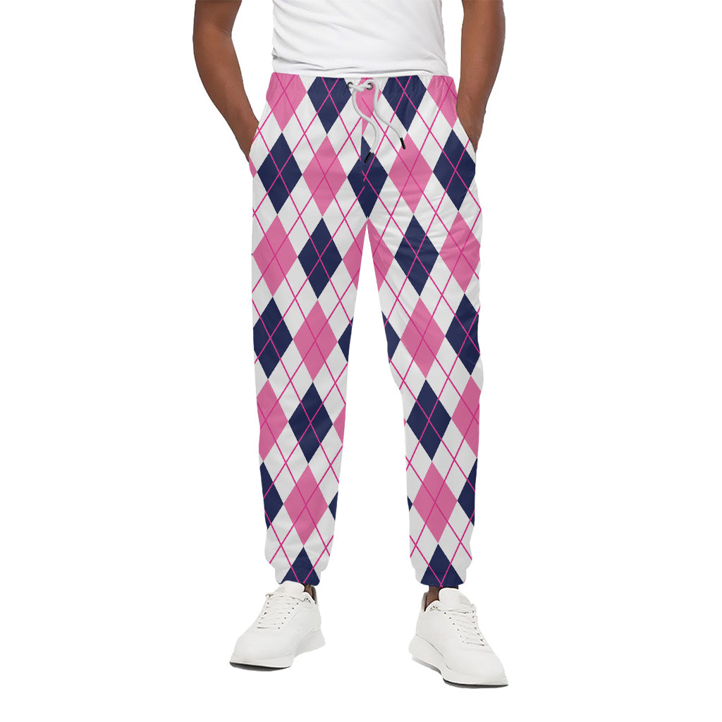 White Pink And Blue Argyle Pattern Print Cotton Pants