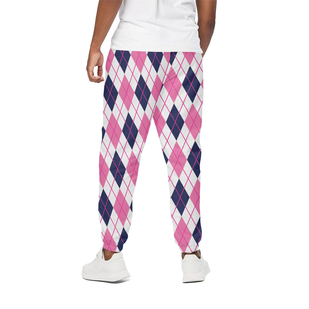 White Pink And Blue Argyle Pattern Print Cotton Pants