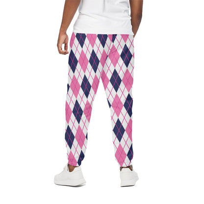 White Pink And Blue Argyle Pattern Print Cotton Pants