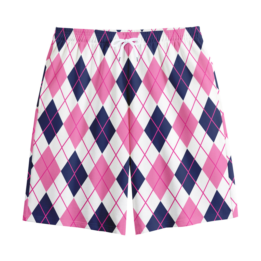 White Pink And Blue Argyle Pattern Print Cotton Shorts