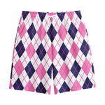 White Pink And Blue Argyle Pattern Print Cotton Shorts