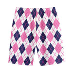 White Pink And Blue Argyle Pattern Print Cotton Shorts