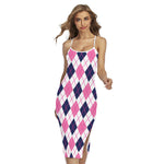 White Pink And Blue Argyle Pattern Print Cross Back Cami Dress
