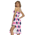 White Pink And Blue Argyle Pattern Print Cross Back Cami Dress