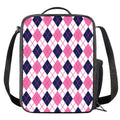 White Pink And Blue Argyle Pattern Print Crossbody Lunch Bag