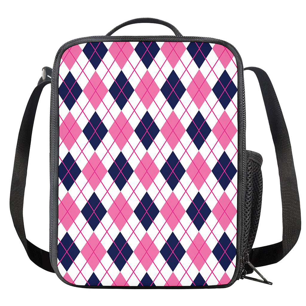 White Pink And Blue Argyle Pattern Print Crossbody Lunch Bag