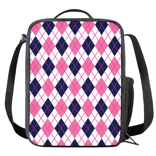 White Pink And Blue Argyle Pattern Print Crossbody Lunch Bag