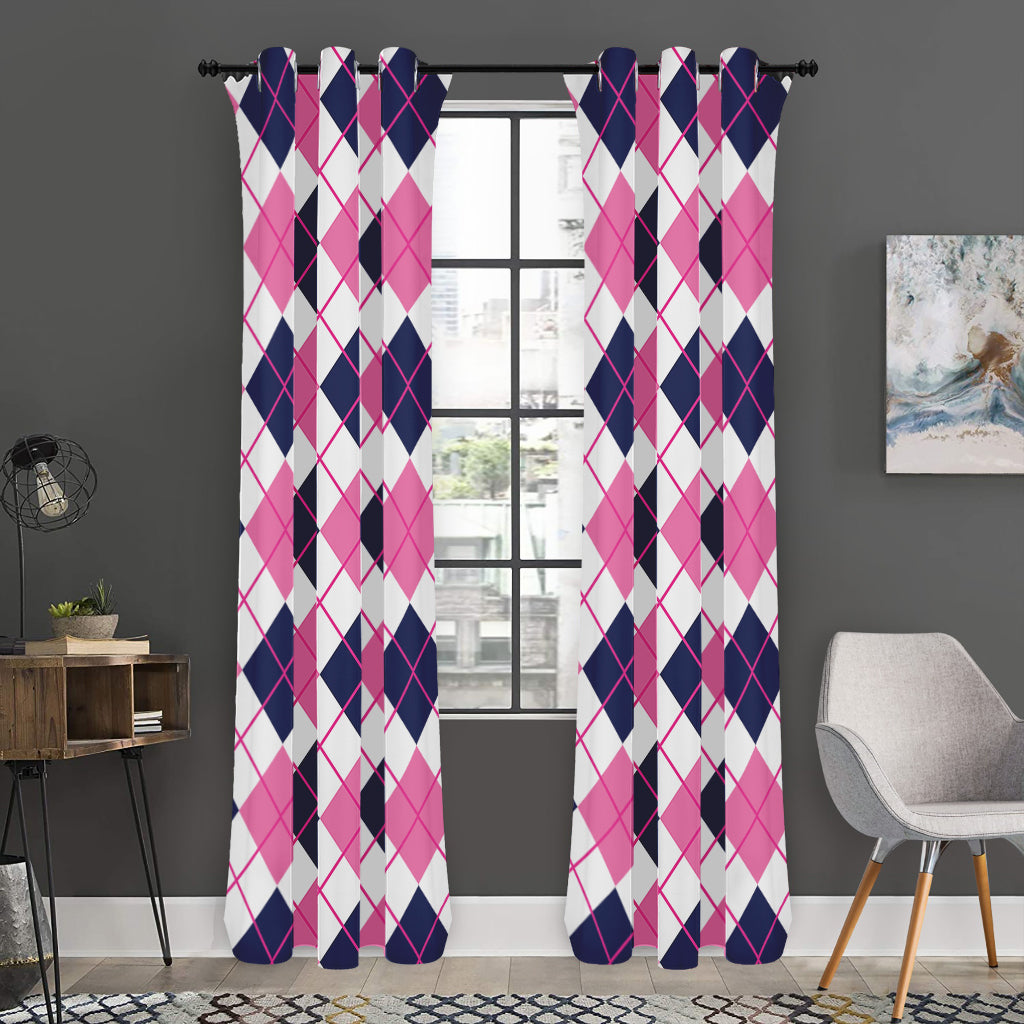 White Pink And Blue Argyle Pattern Print Curtain