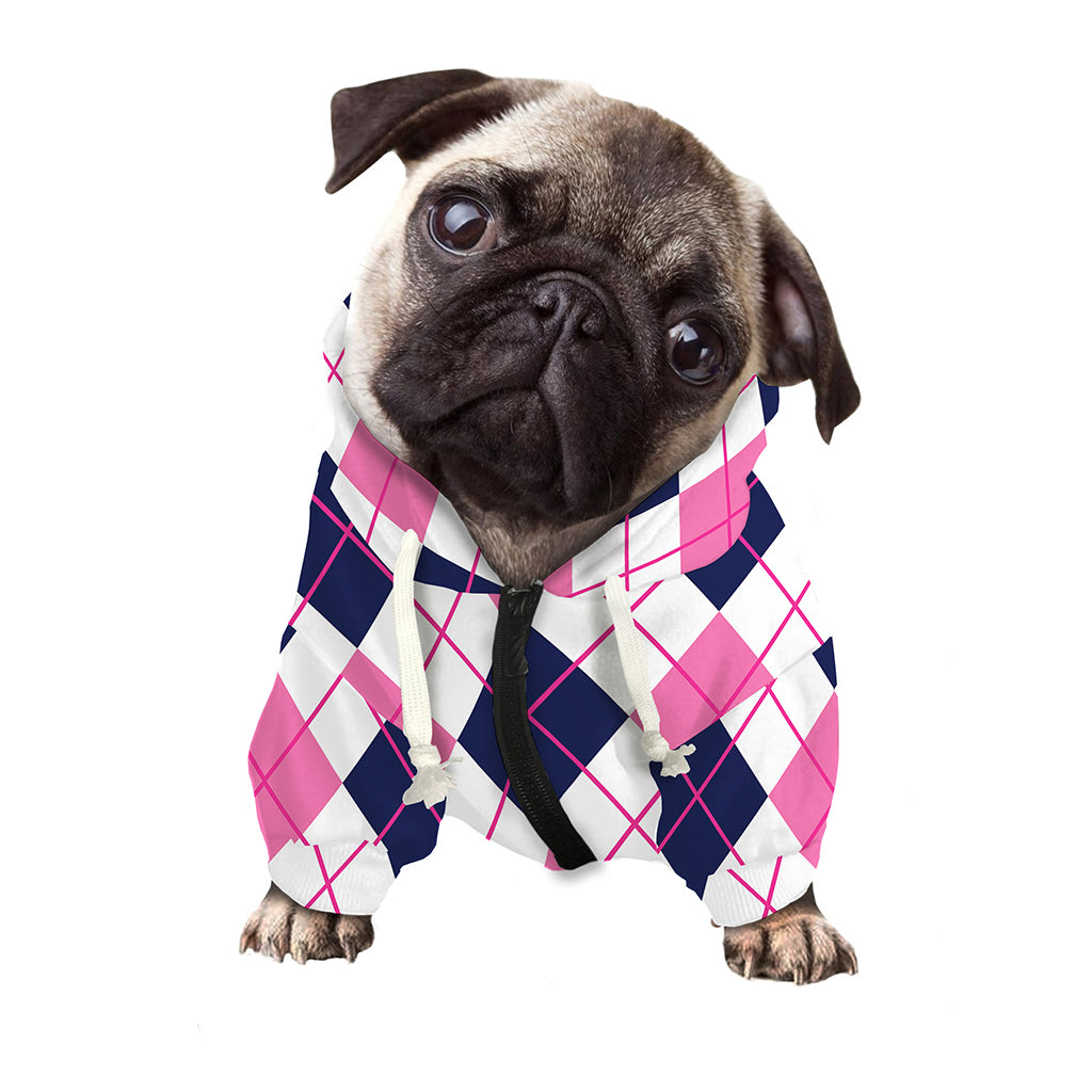 White Pink And Blue Argyle Pattern Print Dog Zip Up Hoodie