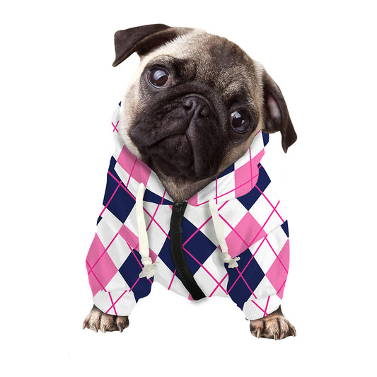 White Pink And Blue Argyle Pattern Print Dog Zip Up Hoodie
