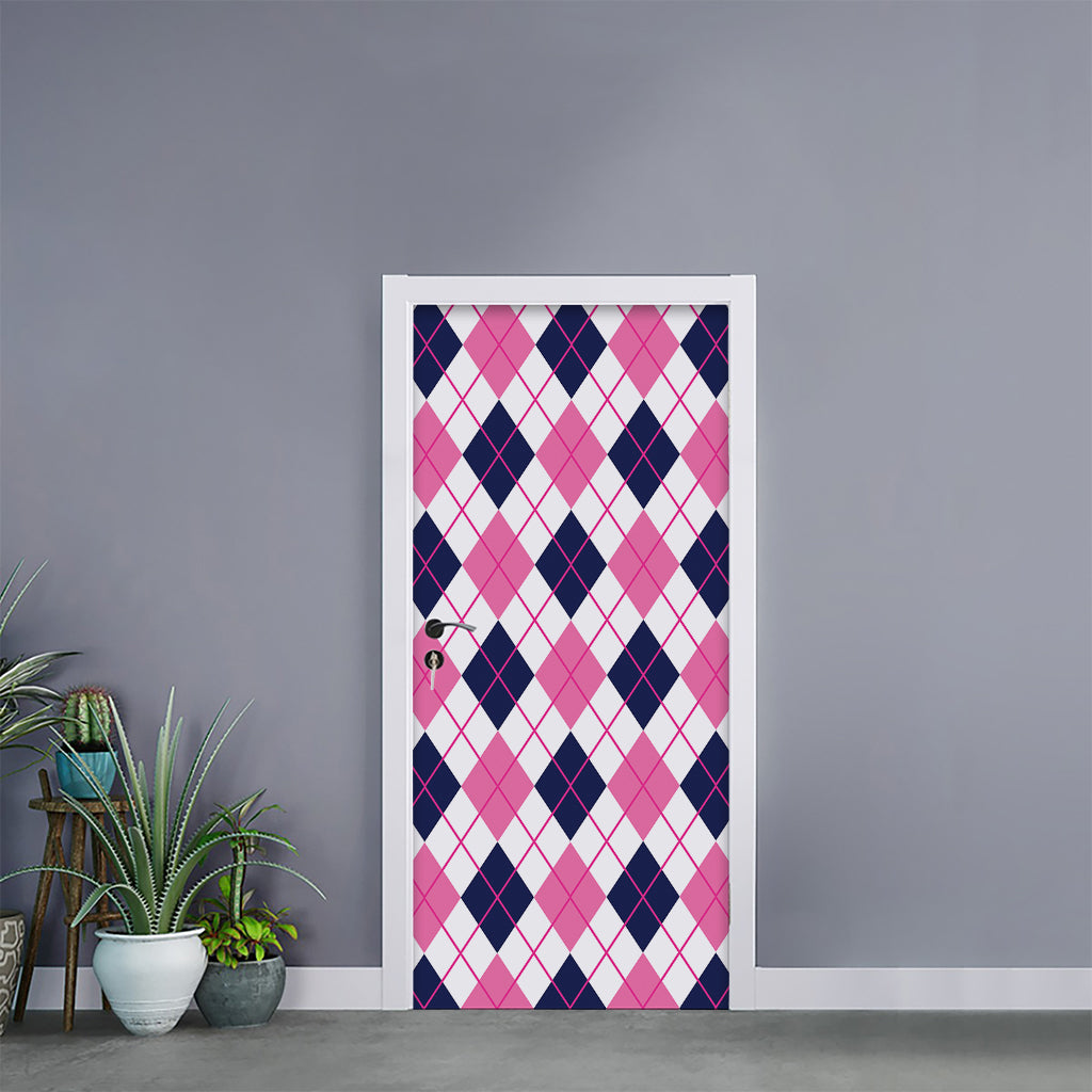 White Pink And Blue Argyle Pattern Print Door Sticker