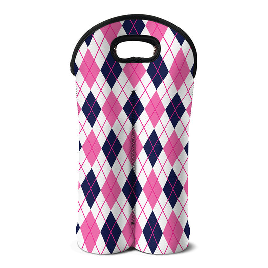 White Pink And Blue Argyle Pattern Print Double Neoprene Wine Tote