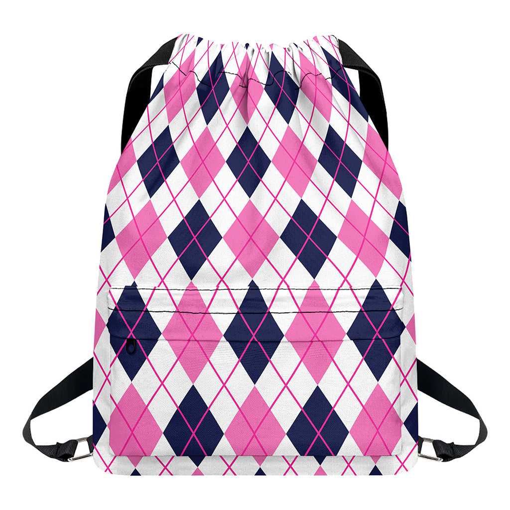 White Pink And Blue Argyle Pattern Print Drawstring Backpack