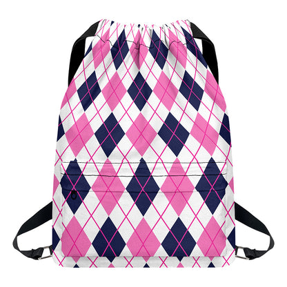 White Pink And Blue Argyle Pattern Print Drawstring Backpack