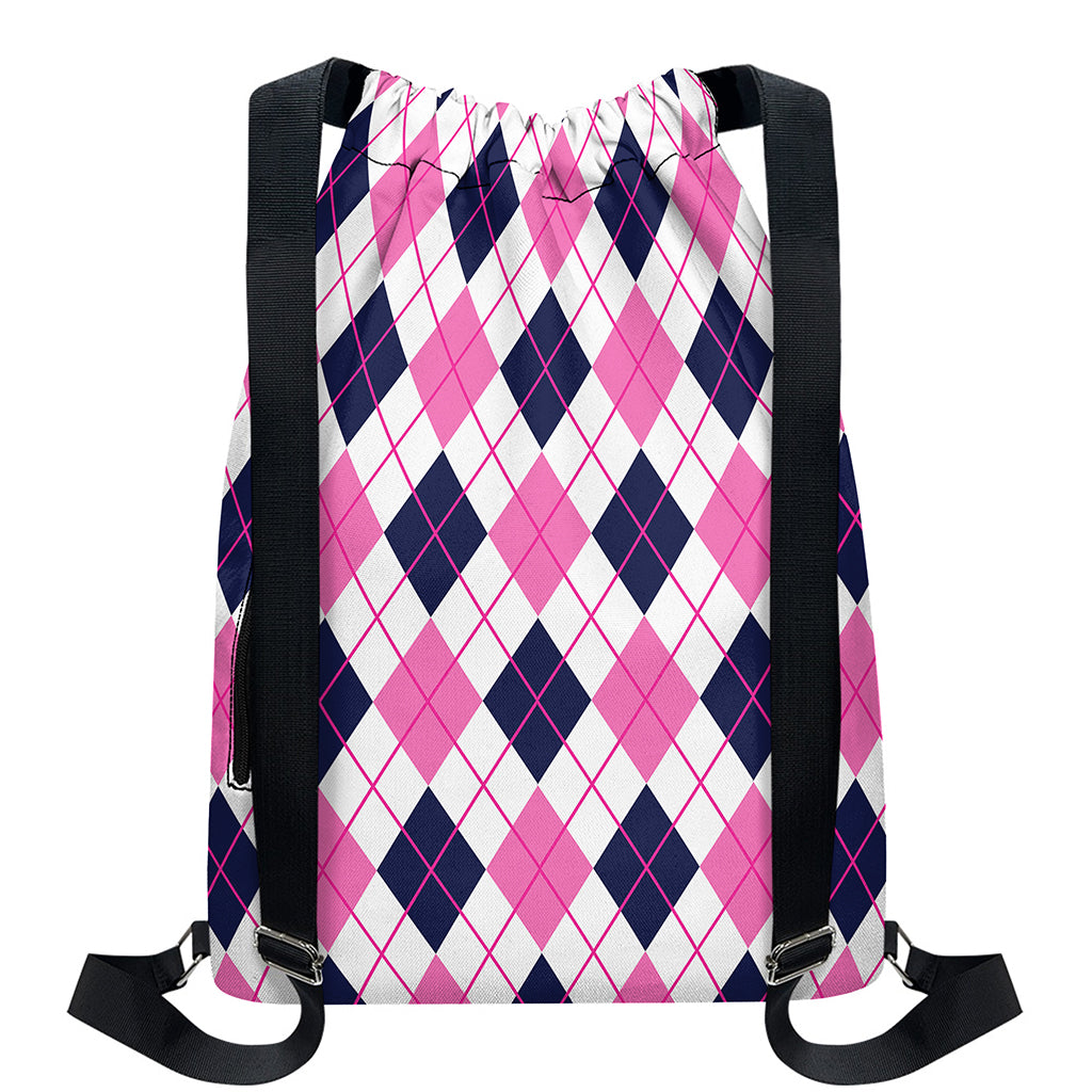 White Pink And Blue Argyle Pattern Print Drawstring Backpack