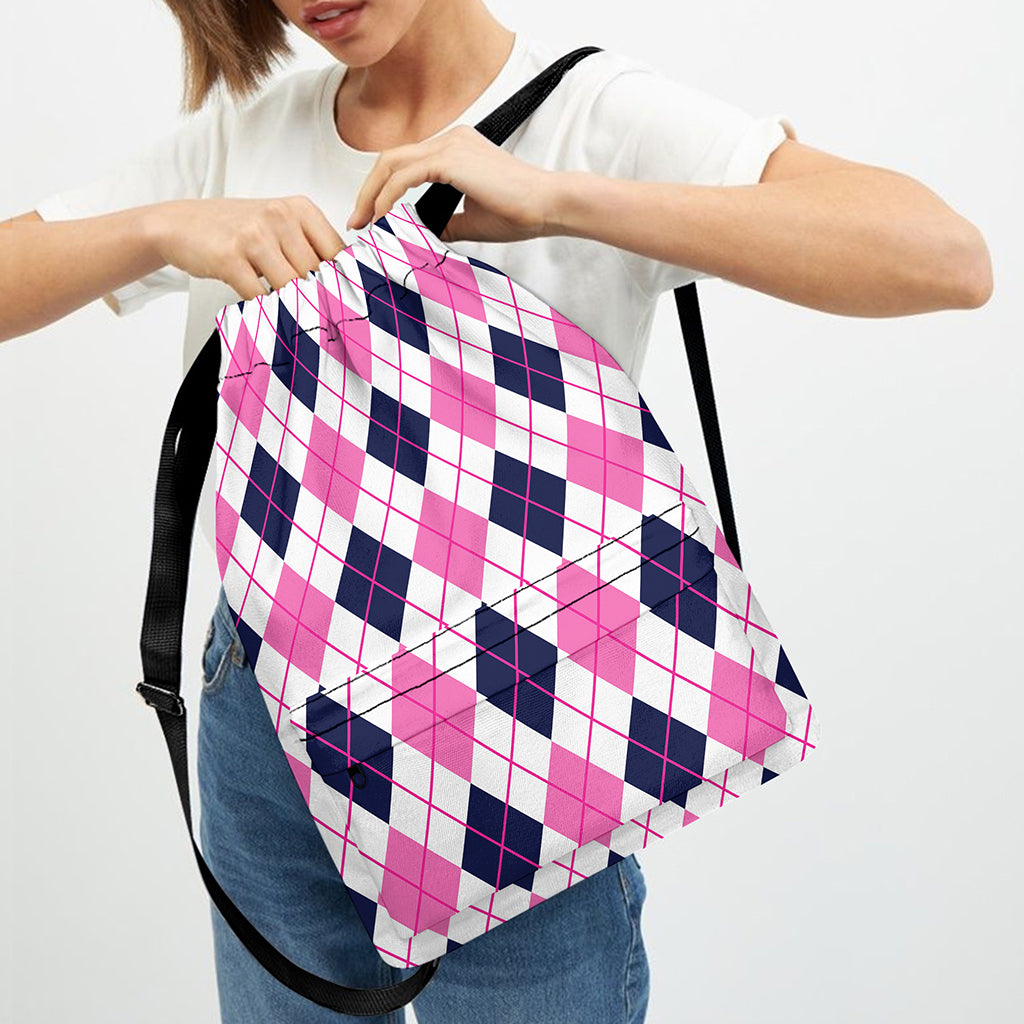 White Pink And Blue Argyle Pattern Print Drawstring Backpack