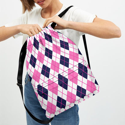 White Pink And Blue Argyle Pattern Print Drawstring Backpack