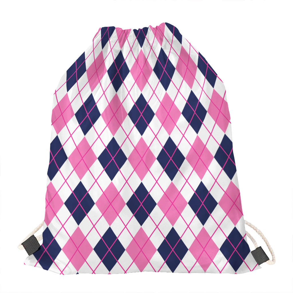 White Pink And Blue Argyle Pattern Print Drawstring Bag