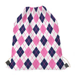 White Pink And Blue Argyle Pattern Print Drawstring Bag