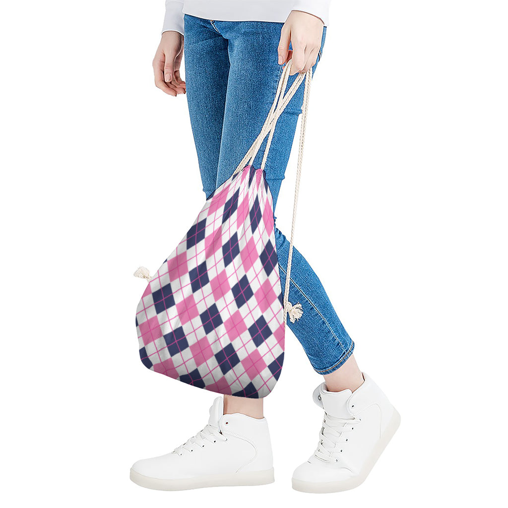 White Pink And Blue Argyle Pattern Print Drawstring Bag