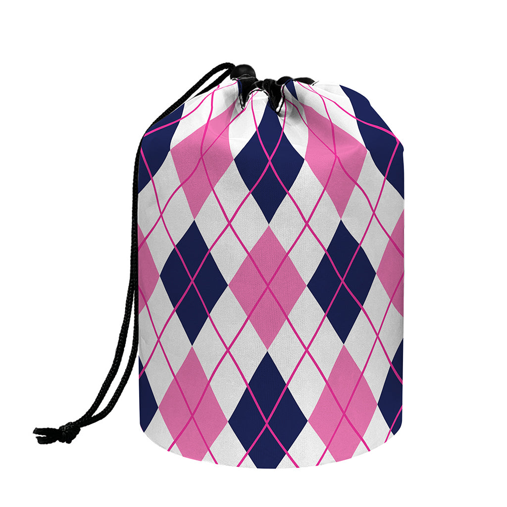 White Pink And Blue Argyle Pattern Print Drawstring Makeup Bag