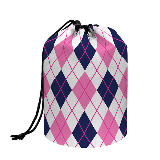 White Pink And Blue Argyle Pattern Print Drawstring Makeup Bag