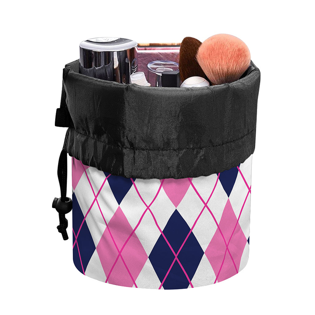White Pink And Blue Argyle Pattern Print Drawstring Makeup Bag