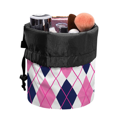 White Pink And Blue Argyle Pattern Print Drawstring Makeup Bag