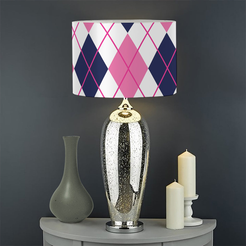 White Pink And Blue Argyle Pattern Print Drum Lamp Shade