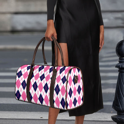 White Pink And Blue Argyle Pattern Print Duffle Bag