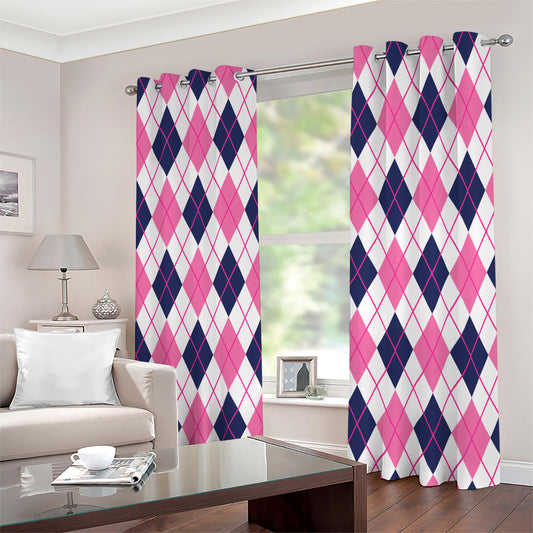 White Pink And Blue Argyle Pattern Print Extra Wide Grommet Curtains