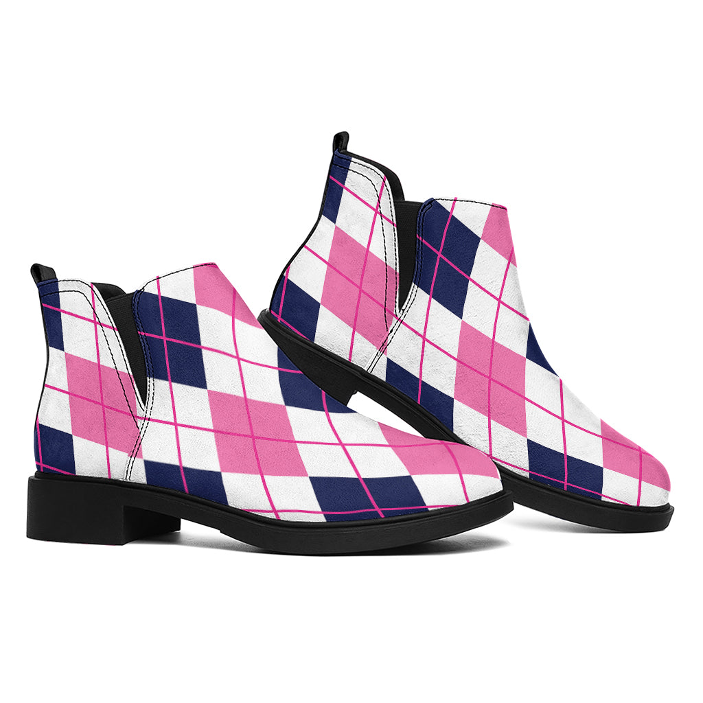 White Pink And Blue Argyle Pattern Print Flat Ankle Boots