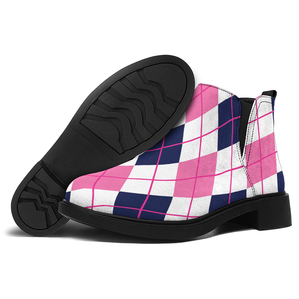 White Pink And Blue Argyle Pattern Print Flat Ankle Boots