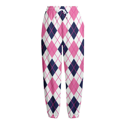 White Pink And Blue Argyle Pattern Print Fleece Lined Knit Pants