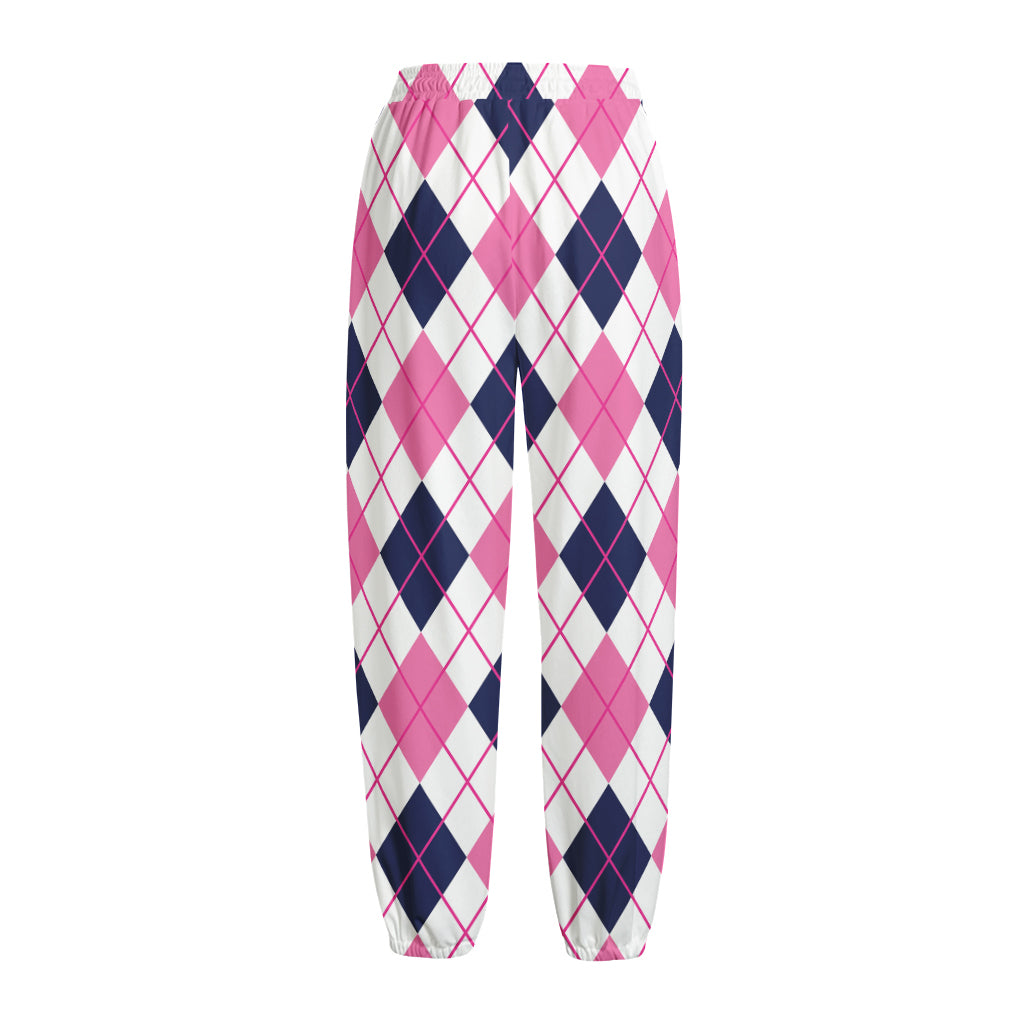 White Pink And Blue Argyle Pattern Print Fleece Lined Knit Pants