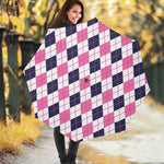 White Pink And Blue Argyle Pattern Print Foldable Umbrella