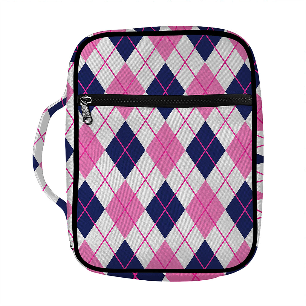 White Pink And Blue Argyle Pattern Print Front Pocket Bible Bag