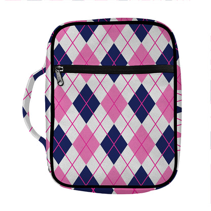 White Pink And Blue Argyle Pattern Print Front Pocket Bible Bag