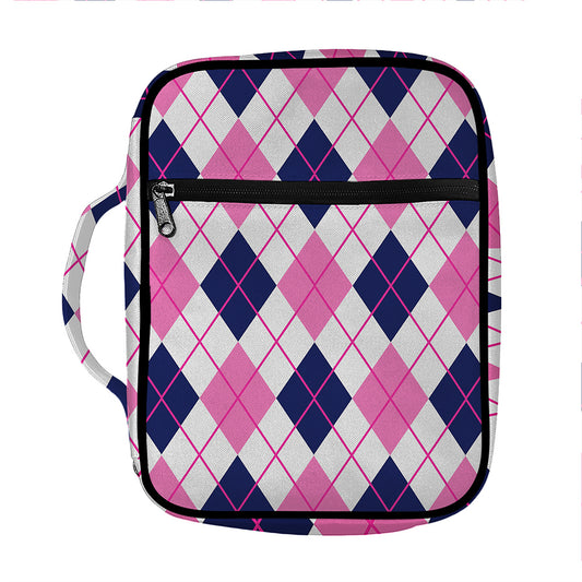 White Pink And Blue Argyle Pattern Print Front Pocket Bible Bag