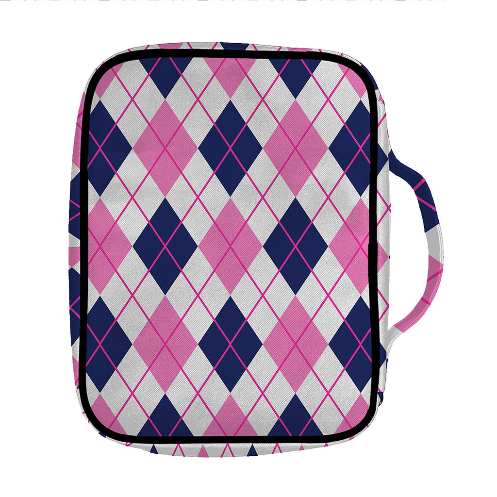 White Pink And Blue Argyle Pattern Print Front Pocket Bible Bag