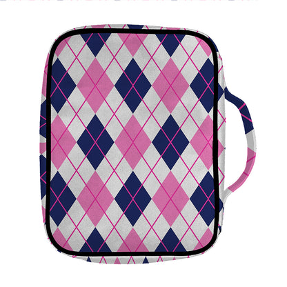 White Pink And Blue Argyle Pattern Print Front Pocket Bible Bag