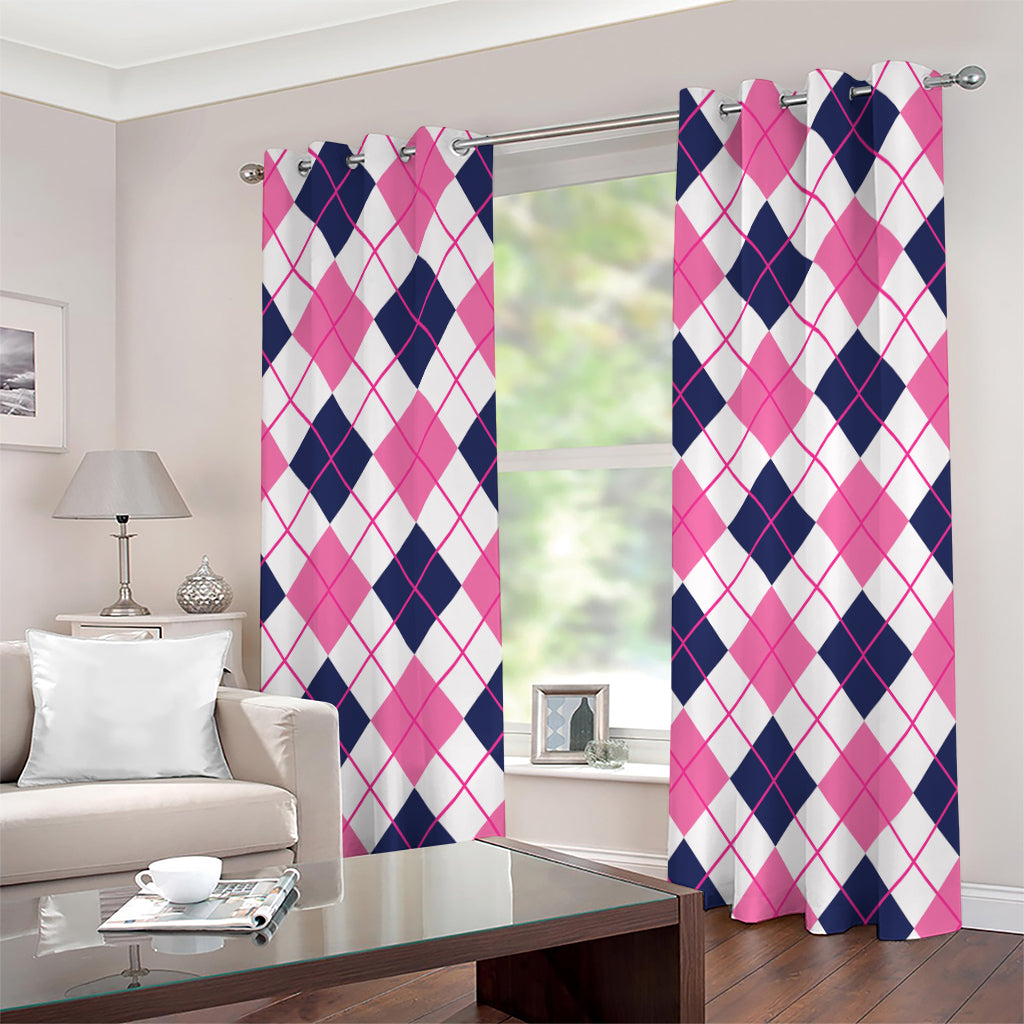 White Pink And Blue Argyle Pattern Print Grommet Curtains